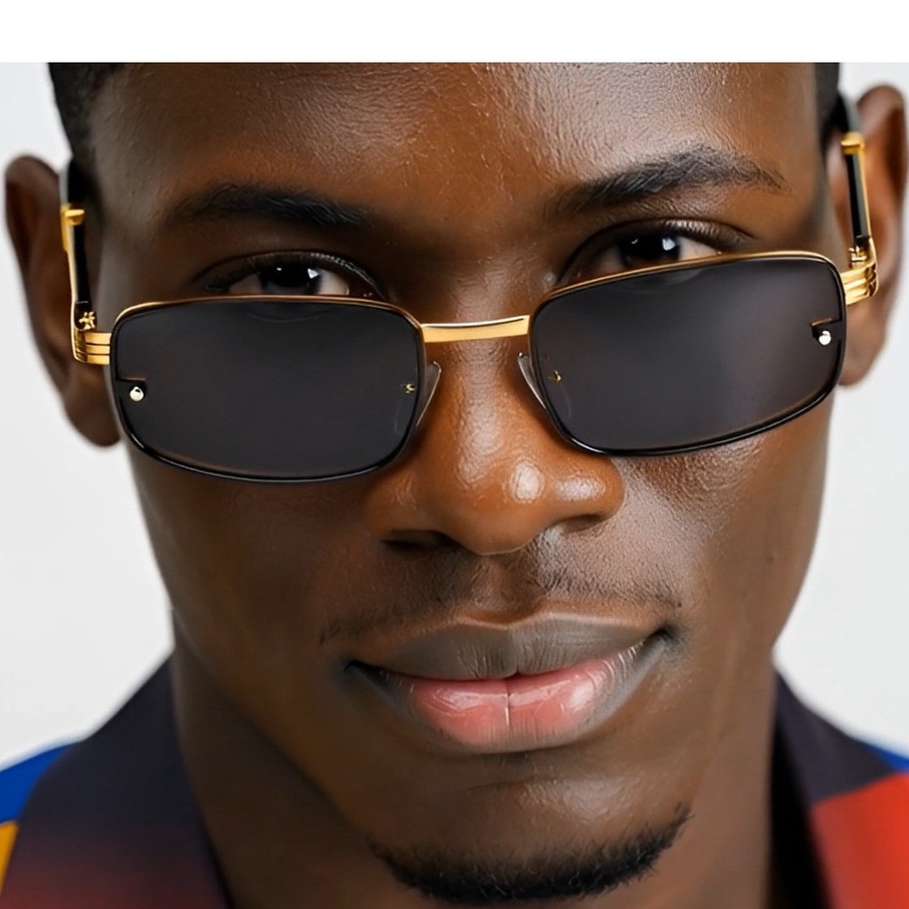 Rimless Sunglasses Rectangle Gold Accents Wood Arms Mens Fashion Dark Black Lens